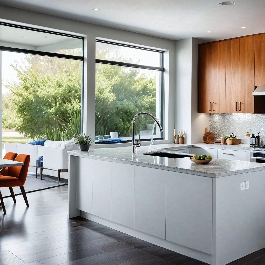 A serene, modern home showcasing a cozy living room bathed in natural light, and a kitchen with sparkling clean water being poured from an elegant faucet. Include visually appealing American-made air and water filters subtly placed around the rooms. Super-realistic. Vibrant colors. White background.