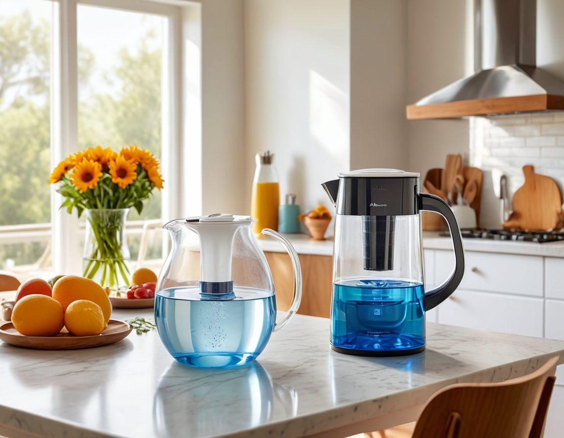 A serene family enjoying a meal together in a sunlit kitchen, with clean air visibly swirling around, and a crystal-clear water pitcher on the table. To the side, a modern air purifier and a water filtration system are subtly highlighted as the sources of their fresh air and pure water. super-realistic. vibrant colors. white background.